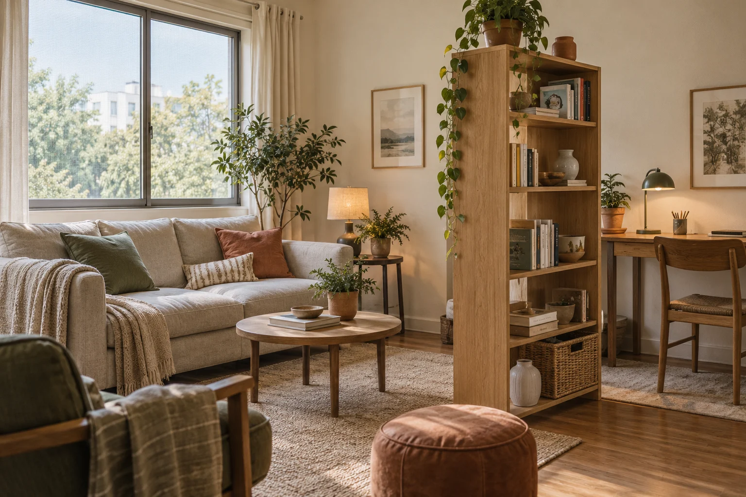 Illustrative rental living room with a linen sofa, freestanding shelves and a small desk